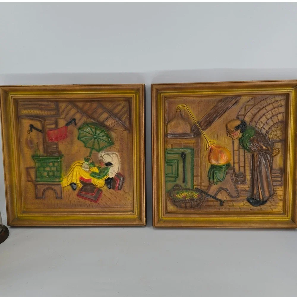 Vintage Italian 3D Faux Wood Plaques Set Mod Dep Spitzweg Alchemist Poor Poet
